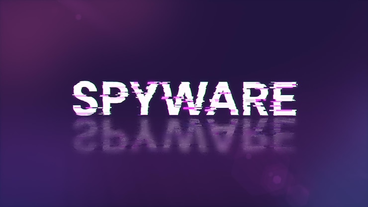 Foto texto de spyware de representación 3d con efectos de pantalla de fallas tecnológicas