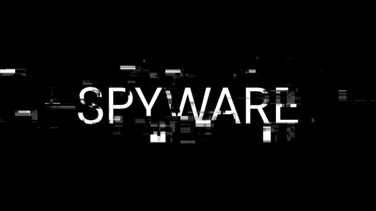 Foto texto de spyware de representación 3d con efectos de pantalla de fallas tecnológicas