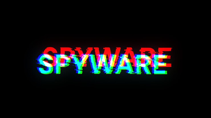Foto texto de spyware de representación 3d con efectos de pantalla de fallas tecnológicas