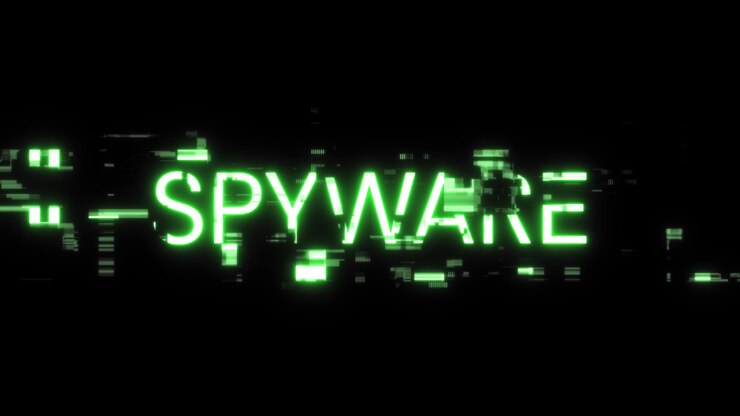 Foto texto de spyware de representación 3d con efectos de pantalla de fallas tecnológicas