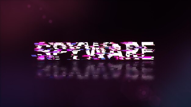 Texto de spyware de representación 3D con efectos de pantalla de fallas tecnológicas
