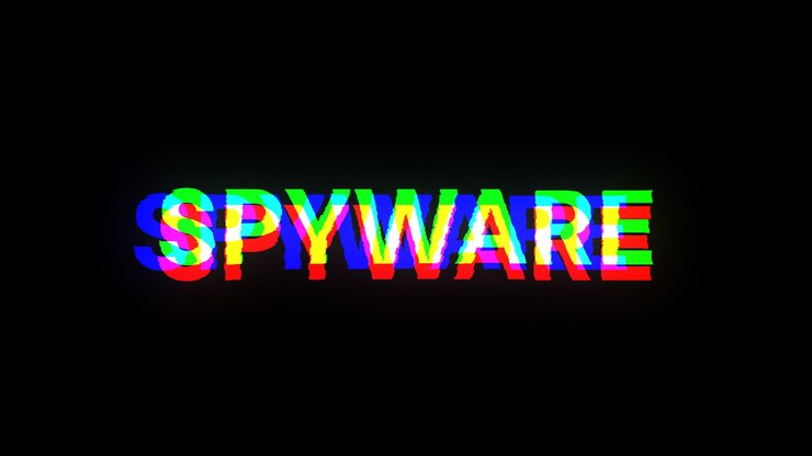 Foto texto de spyware de representación 3d con efectos de pantalla de fallas tecnológicas