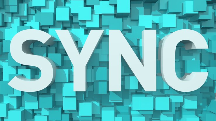 Foto texto sync extruido con fondo abstracto azul lleno de cubos