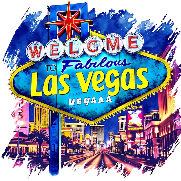 Texto de Las Vegas con diseño de tipografía llamativa y con luces de neón Colección de artes paisajísticas en acuarela