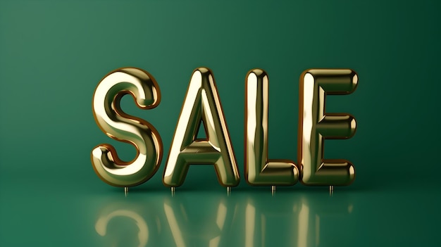 Texto de venta en 3D dorado en fondo verde plano para la promoción minorista y la exhibición de mercancías