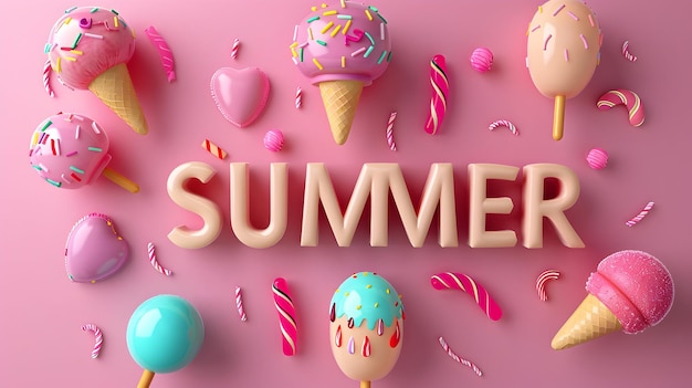 Texto de verano con helados y otros adornos de verano diseño de tarjeta de verano feliz con texto