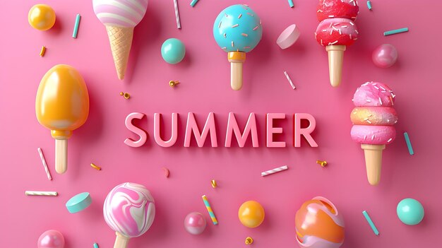 Foto texto de verano con helados y otros adornos de verano diseño de tarjeta de verano feliz con texto