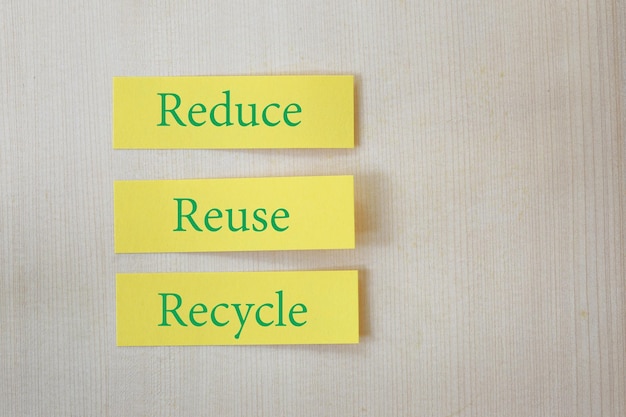 Texto verde en una nota de papel amarilla con las palabras Reducir, Reutilizar y Reciclar para diseñar en su trabajo