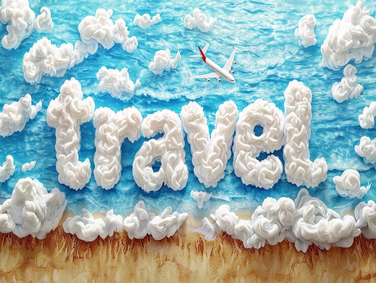 Foto un texto de viaje suave con un avión volando sobre un océano bajo un cielo azul se muestra en una playa