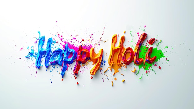 texto vibrante e colorido Feliz Holi em salpicos de várias cores que lembram o festival de Holi