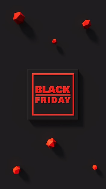 Texto de viernes negro color rojo en caja negra acompañado de decoraciones en escenario oscuro ilustración 3d