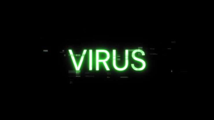 Foto texto de virus de representación 3d con efectos de pantalla de fallas tecnológicas