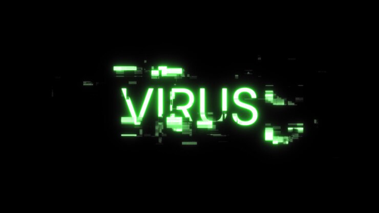 Foto texto de virus de representación 3d con efectos de pantalla de fallas tecnológicas