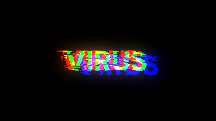 Foto texto de virus de representación 3d con efectos de pantalla de fallas tecnológicas