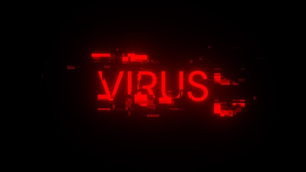 Texto de virus de representación 3D con efectos de pantalla de fallas tecnológicas