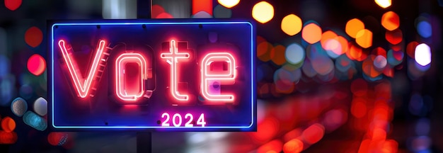 Texto Voto 2024 com luzes vermelhas e azuis brilhantes fundo desfocado