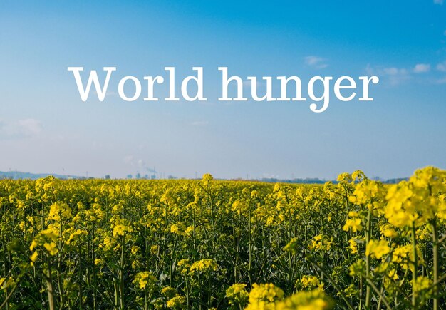 Texto WORLD HUNGER contra mensagem de campo agrícola desfocada Inflação global da crise alimentar da fome