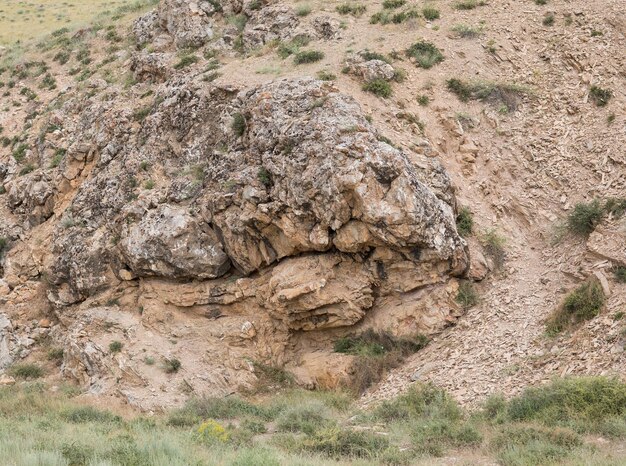 Textur des Bergsteins Steinfelsen auf einem grünen Hügel