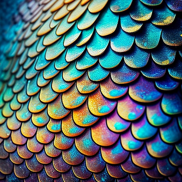 Textur schillernder Regenbogenfischschuppen aus nächster Nähe, ungewöhnlicher Hintergrund für Dekor, Design, Druck, Kunst