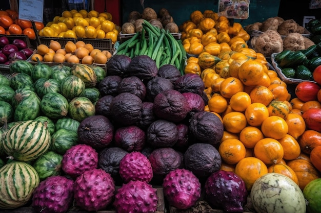 Textur und Farbe exotischer Früchte und Gemüse am Marktstand, erstellt mit generativer KI