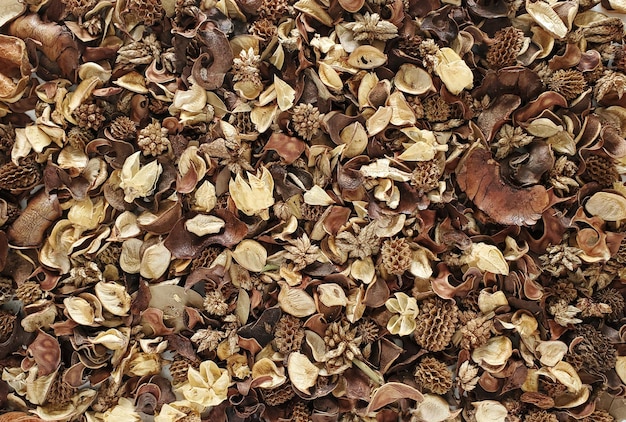 Textur von aromatischen Trockenblumen, Potpourri-Aromamischung, abstrakter Hintergrund