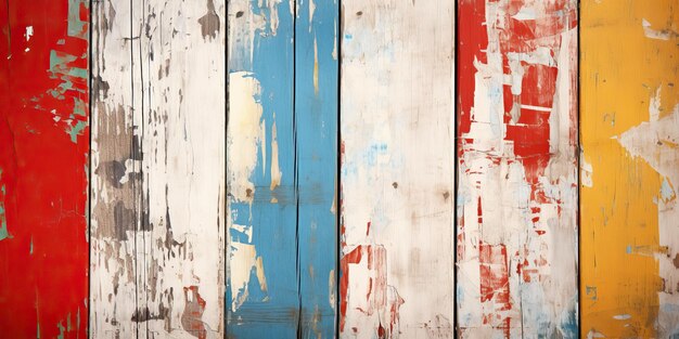 Textur von Vintage-Holzplatten mit rissiger Farbe von weißer, roter, gelber und blauer Farbe Horizontal