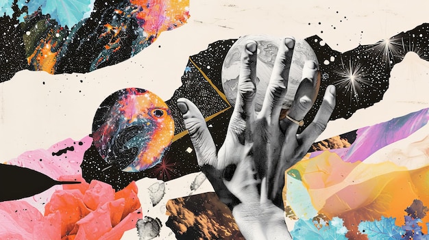 Una textura abstracta con dedos arrancados y sudor póster moderno psicodélico New Wave Punk Un elemento de collage con efectos de medio tono Una mano con un gesto de rock