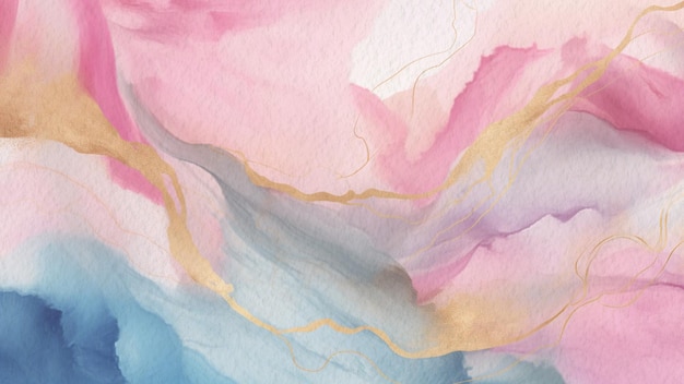 Textura abstrata de mármore azul e rosa fundo aquarela em papel com arte de linha dourada