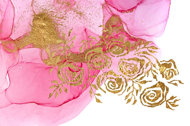 Textura de acuarela de estilo floral abstracto rosa. Ilustración de rosas doradas.