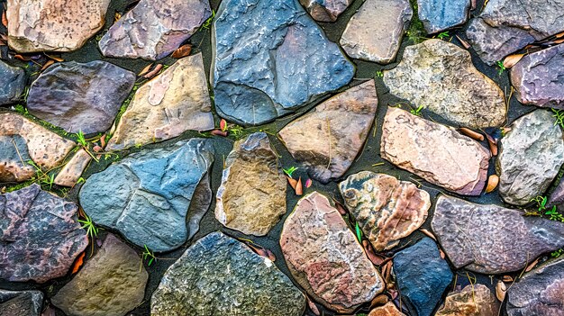 Textura de adoquines multicolores con acentos de plantas verdes