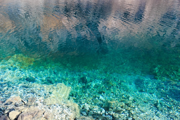 Textura de agua clara esmeralda y piedras naturales Fondo natural Lago azul