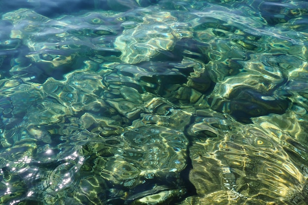 Textura de agua salada de mar transparente azul turquesa azul verde Vista superior de la superficie del agua y ondas Fondo de olas de mar de agua El fondo rocoso con algas es visible a través del agua cristalina