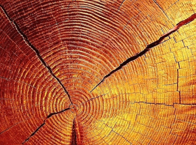 Textura de anillos de árboles de madera dorada. Fondo texturizado de oro de madera de registro. Cortes de losa redonda. Tronco cortado apilado