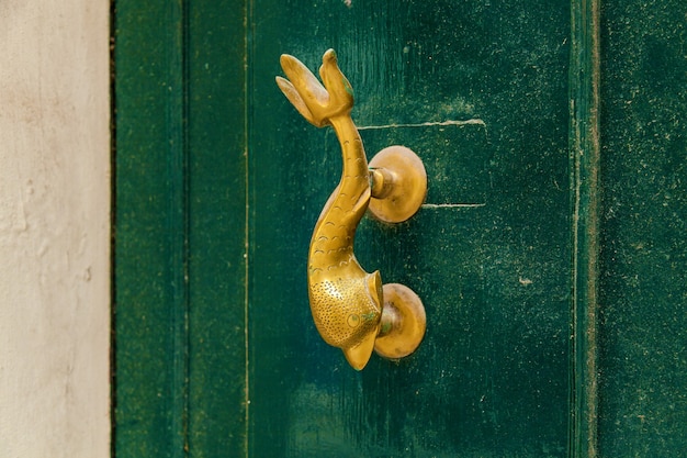 La textura de una antigua puerta de madera de madera con asas metálicas en forma de delfín en la isla de Malta