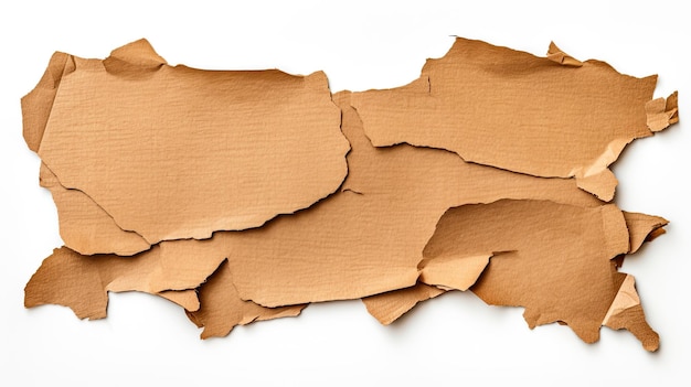 Textura de artesanía de papel pedazos de cartón marrón rasgados y rasgados con una textura antigua de grunge en un espacio en blanco