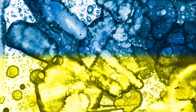 Textura azul-amarela Abstração de manchas Fumo e bolhas Fundo na moda