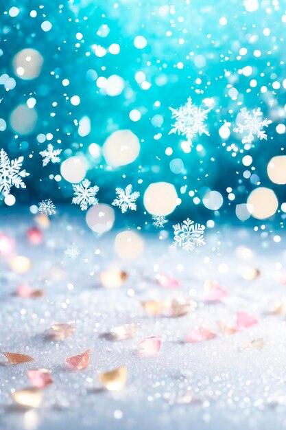 Textura borrosa de invierno con nieve y bokeh Fondo navideño con confeti dorado brillante que mezcla colores