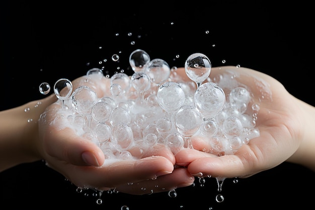 Textura de burbujas de espuma jabonosa en la mano de la mujer