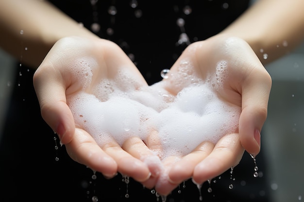 Textura de burbujas de espuma jabonosa en la mano de la mujer