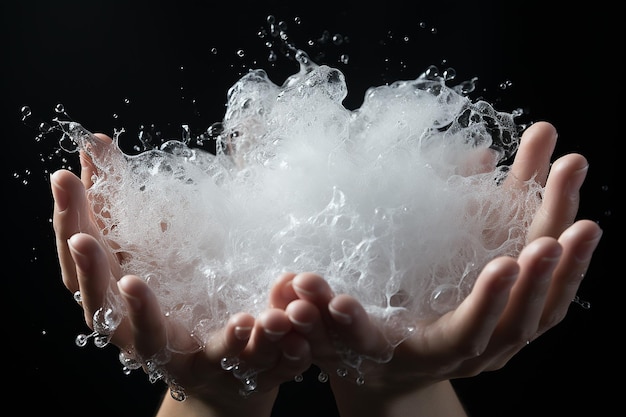 Textura de burbujas de espuma jabonosa en la mano de la mujer