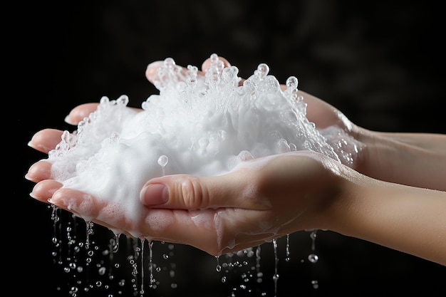 Textura de burbujas de espuma jabonosa en la mano de la mujer