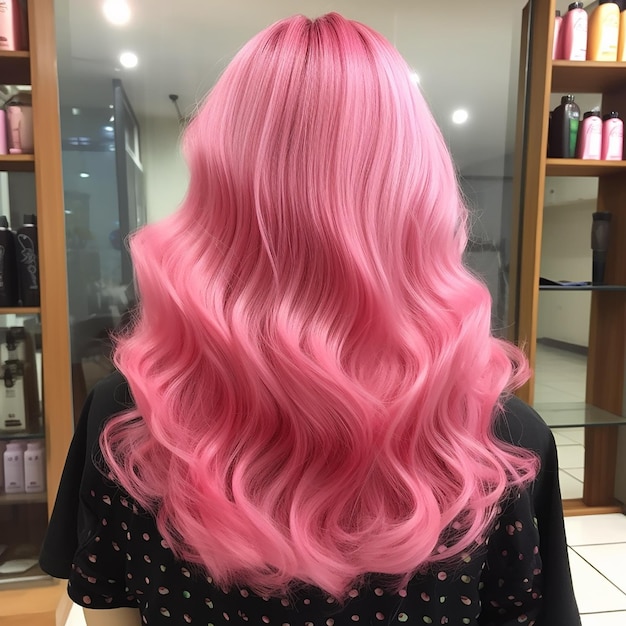 Textura de cabello rizado en primer plano de color rosa brillante para la publicidad de salones de peluquería