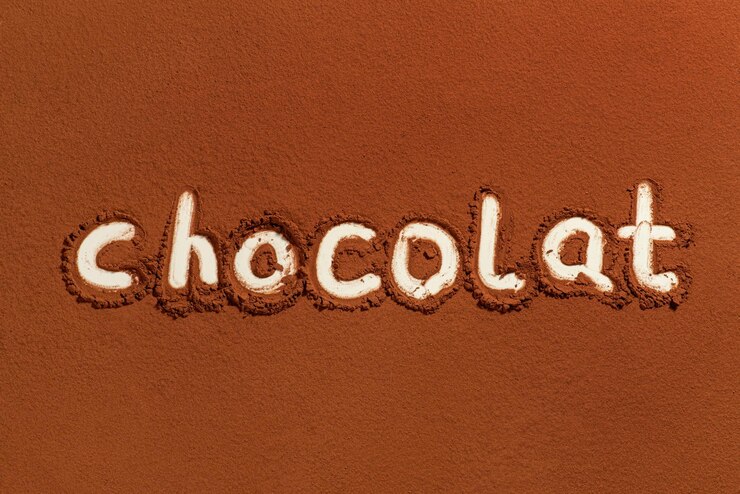 Foto textura de cacao crudo en polvo con etiqueta de chocolate