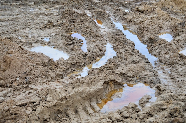 Textura de un camino de tierra sucio y sucio con charcos y barro seco de arcilla con grietas y surcos