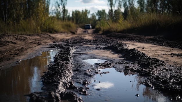 Textura de la carretera de tierra húmeda negra con charcos de agua sucia en la naturaleza a la luz del día