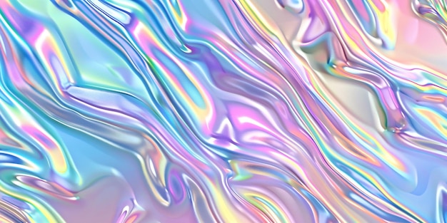 Textura cintilante com um brilho metálico arco-íris e gradiente iridescente criando um efeito holográfico em uma superfície perolada para impressões de design em tons suaves e néon vibrante