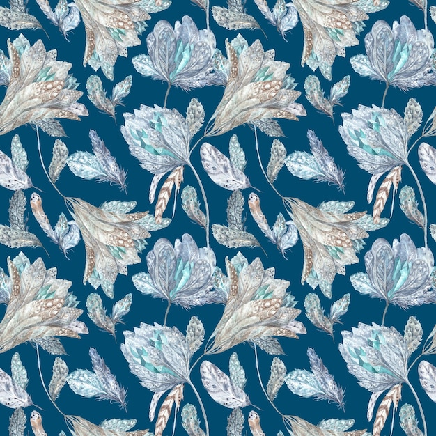 Textura sin costuras con plumas, flores y cristales para diseño de textiles y papel tapiz