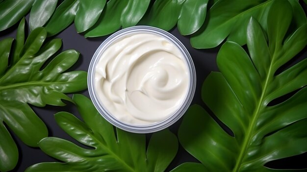 Foto textura de crema cosmética natural para el cuidado del cuerpo en una hoja verde cosméticos orgánicos naturales hechos de plantas cuidado de la piel ecológico