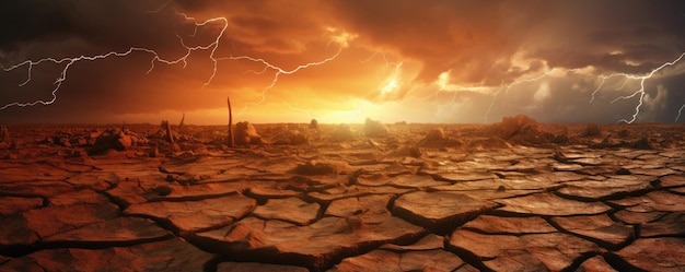 Foto textura da superfície à terra seca e rachada com mudanças climáticas à luz do pôr do sol generative ai