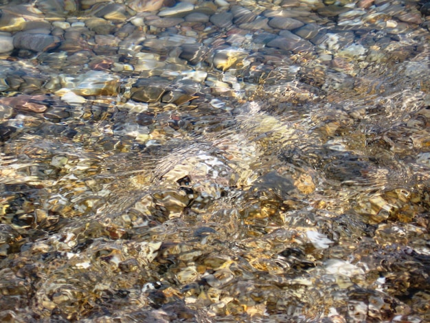 Textura de água turva com pequenos seixos no fundo Shell na praia